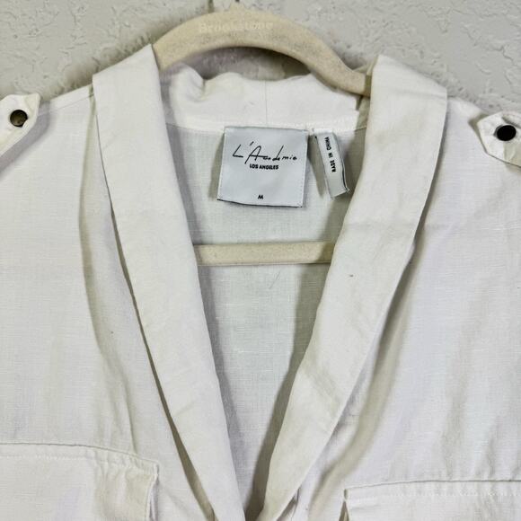 L'ACADEMIE Top Medium Safari Crop Revolve Button Front Shoulder Epaulettes Linen - Picture 5 of 14